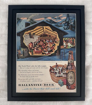 Framed 1954 Original Magazine Ad Ballantine Ale Beer Winter Weekend North Wind